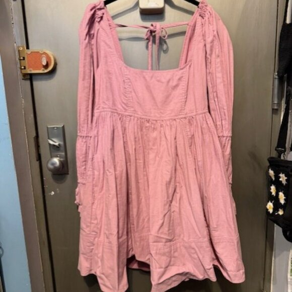 Pilcro Square-Neck Bubble Gum Pink Corduroy Babydoll Mini Dress - Picture 3 of 16